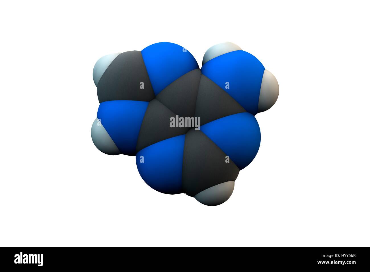 Adenin Purin Nucleobase Molekül. Chemische Formel ist C5H5N5. Atome werden als Kugeln dargestellt: Kohlenstoff (grau), Wasserstoff (weiß), Stickstoff (blau). Abbildung. Stockfoto
