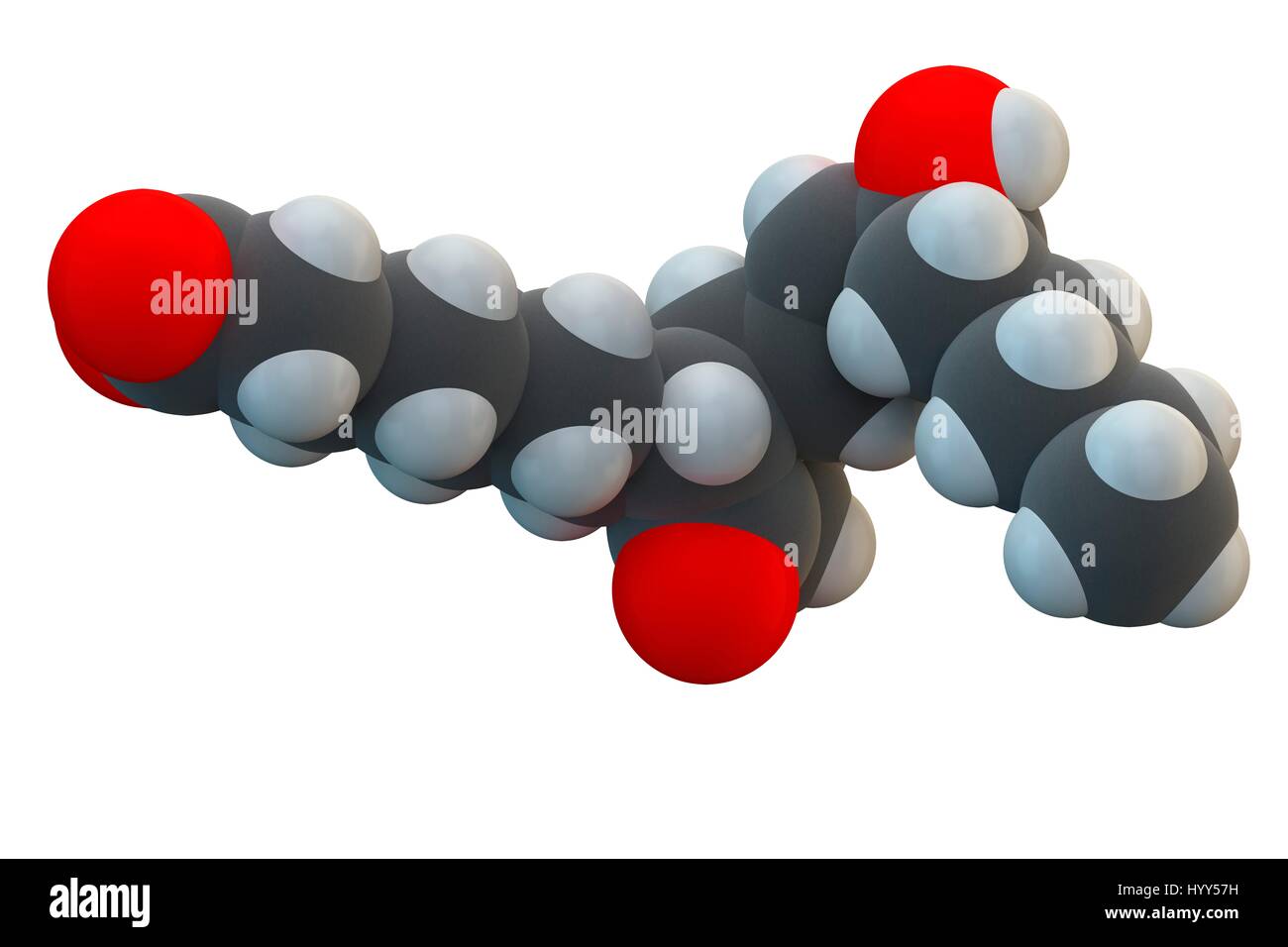 Alprostadil (Prostaglandin E1) erektile Dysfunktion Medikamentenmolekül. Chemische Formel ist C20H34O5. Atome werden als Kugeln dargestellt: Kohlenstoff (grau), Wasserstoff (weiß), Sauerstoff (rot). Abbildung. Stockfoto