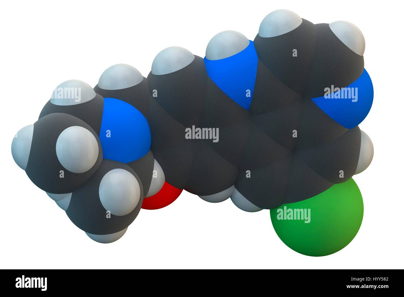 Amodiaquine Anti-Malaria-Medikamentenmolekül. Chemische Formel ist C20H22ClN3O. Atome werden als Kugeln dargestellt: Kohlenstoff (grau), Wasserstoff (weiß), Chlor (grün), Stickstoff (blau), Sauerstoff (rot). Abbildung. Stockfoto