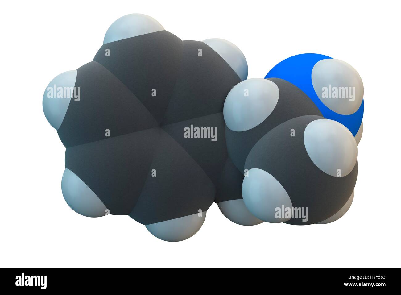Amphetamin (Speed) Stimulans Wirkstoffmolekül. Chemische Formel ist C9H13N. Atome werden als Kugeln dargestellt: Kohlenstoff (grau), Wasserstoff (weiß), Stickstoff (blau). Abbildung. Stockfoto