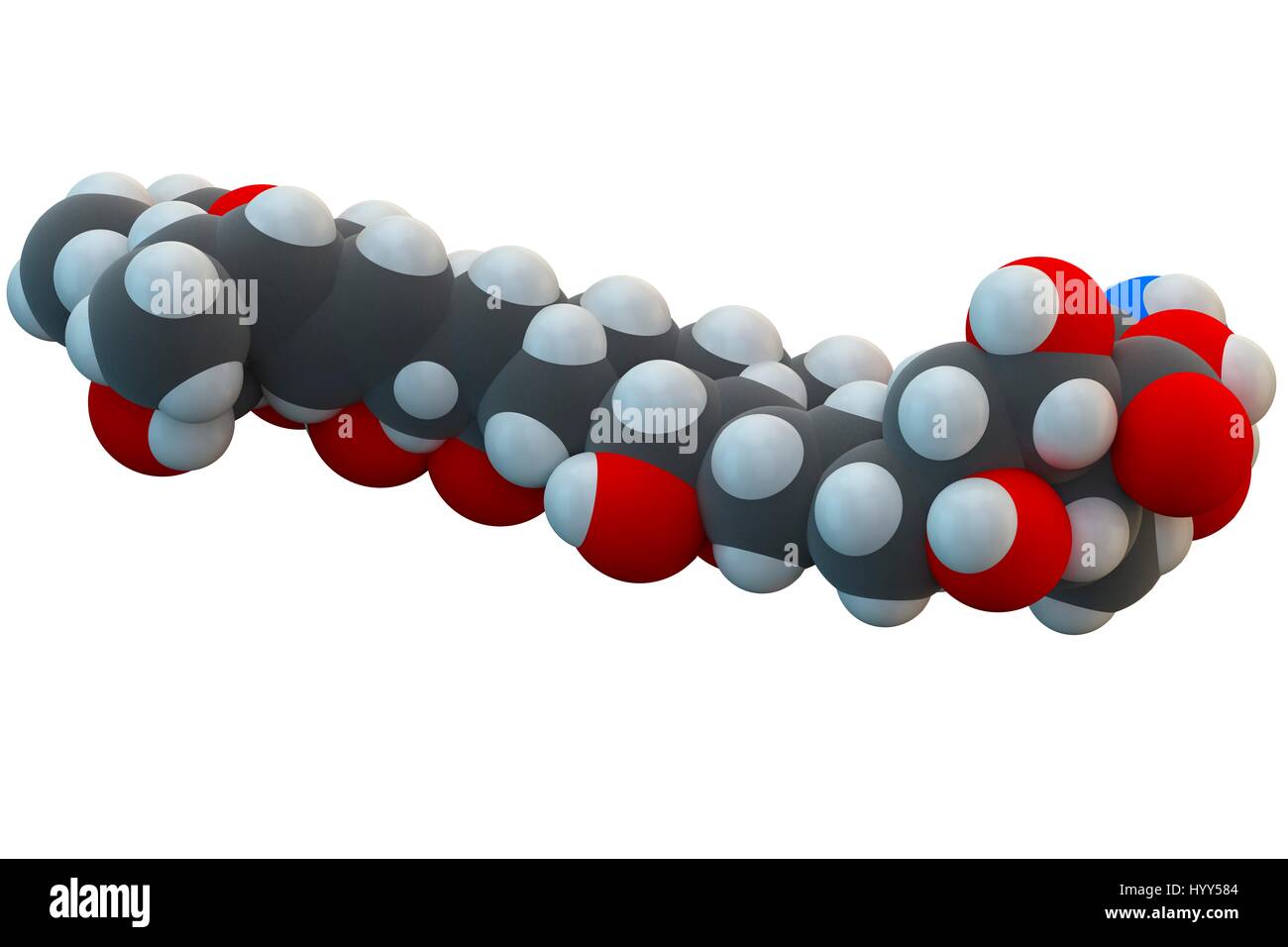 Antimykotische Wirkstoffmolekül Amphotericin B. Chemische Formel ist C47H73NO17. Atome werden als Kugeln dargestellt: Kohlenstoff (grau), Wasserstoff (weiß), Stickstoff (blau), Sauerstoff (rot). Abbildung. Stockfoto