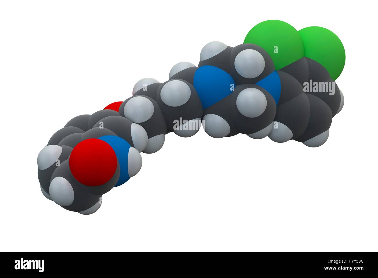 Aripiprazol antipsychotischen Medikamentenmolekül. Chemische Formel ist C23H27Cl2N3O2. Atome werden als Kugeln dargestellt: Kohlenstoff (grau), Wasserstoff (weiß), Chlor (grün), Stickstoff (blau), Sauerstoff (rot). Abbildung. Stockfoto