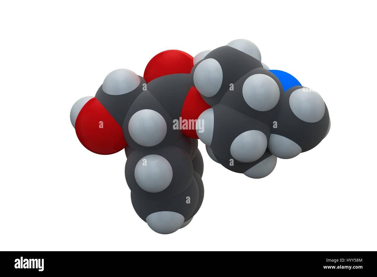 Atropin Tollkirsche (Atropa Belladonna) Alkaloid Molekül. Arzneimittel und Poison auch in Jimson Unkraut (Datura Stramonium) und Alraune (Mandragora Officinarum) gefunden. Chemische Formel ist C17H23NO3. Atome werden als Kugeln dargestellt: Kohlenstoff (grau), Wasserstoff (weiß), Stickstoff (blau), Sauerstoff (rot). Abbildung. Stockfoto