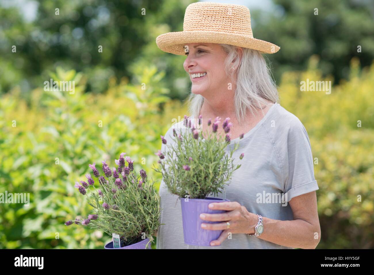 Ältere Frau mit Topfpflanzen. Stockfoto