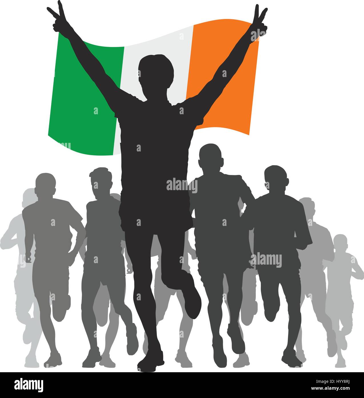 Läufer im Ziel, Sieger hält Irland Flagge über Kopf Stock Vektor