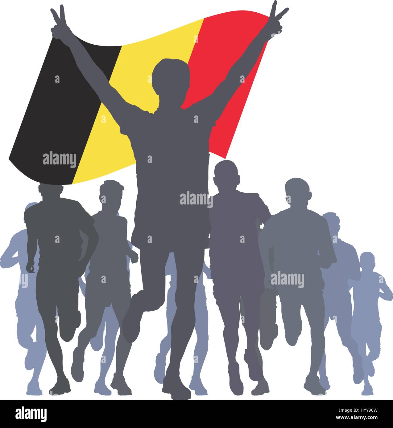Läufer im Ziel, Sieger holding Belgien Fahne über Kopf Stock Vektor
