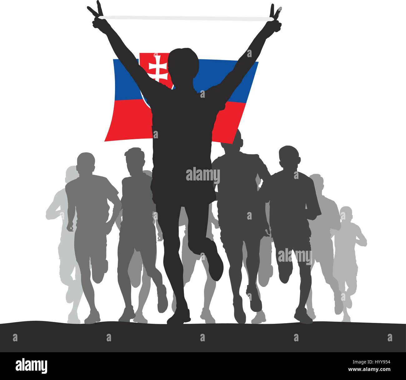 Läufer im Ziel, Sieger halten Slowakei Flagge über Kopf Stock Vektor