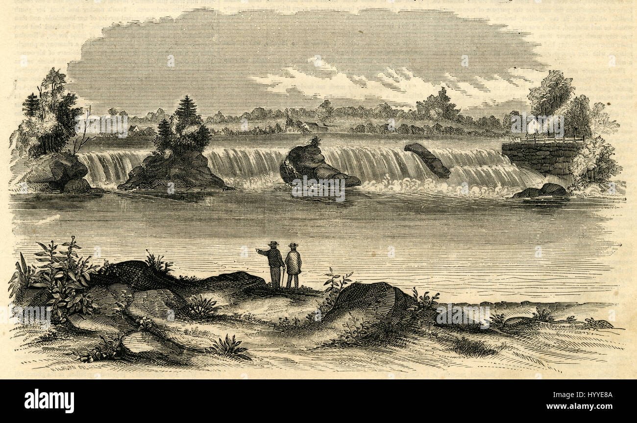 Antiken 1854 Gravur "Turners fällt auf den Connecticut River." Turners Fälle ist eine nicht rechtsfähige Dorf und Census-designated Place in der Stadt Montague in Franklin County, Massachusetts, USA. QUELLE: ORIGINAL GRAVUR. Stockfoto