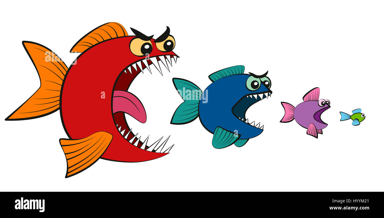 Große Fische essen wenig Fisch - Symbol für Hierarchie, Betriebsübernahme, Absorption, Usurpation, Beschlagnahme macht oder Lebensmittelkette. Isolierte Comic. Stockfoto