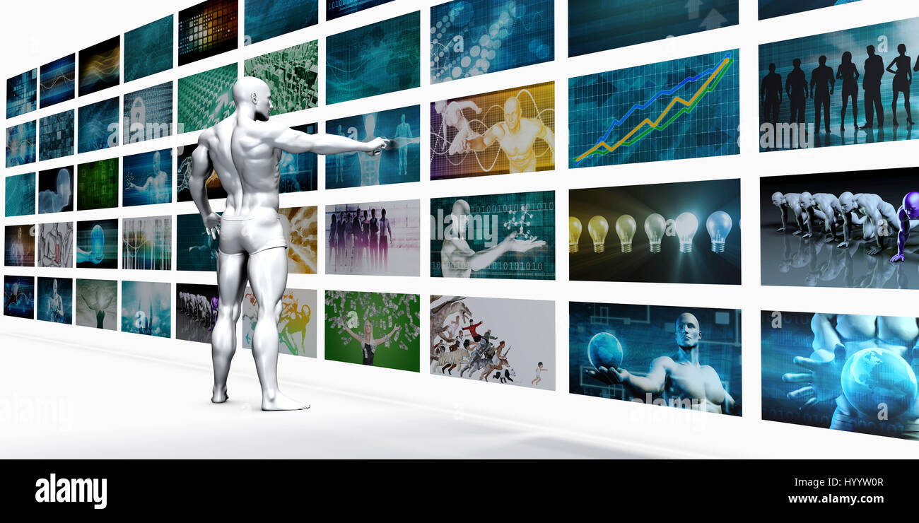 Videowand auf weißem Hintergrund mit Person Bildschirme anzeigen Stockfoto