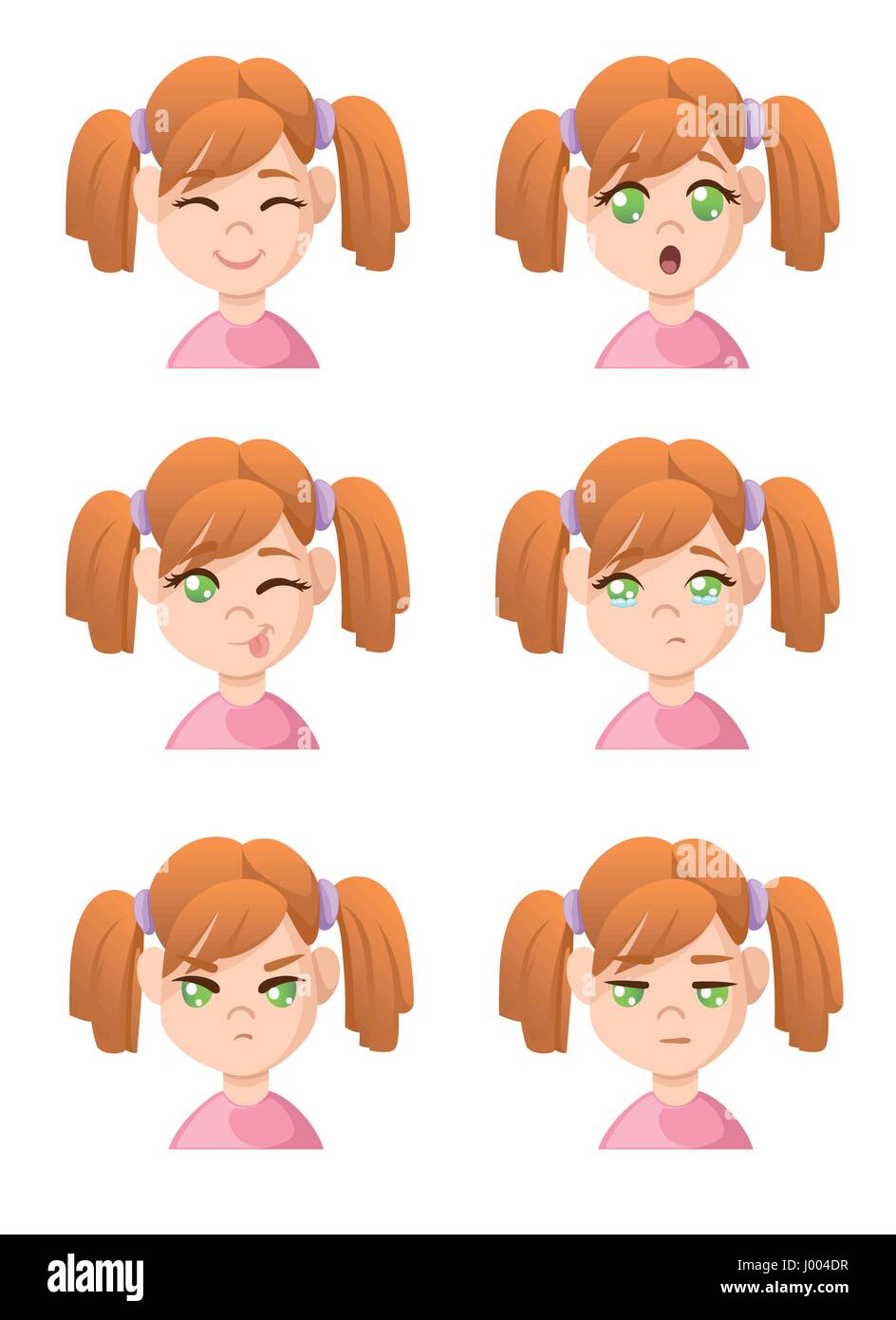 Niedlichen Cartoon Mädchen Gesichter zeigen verschiedene Emotionen Mädchen Emotion Emoji Symbolsatz für Innenräume flaches Design-Stil-Vektor-Illustration. Stock Vektor