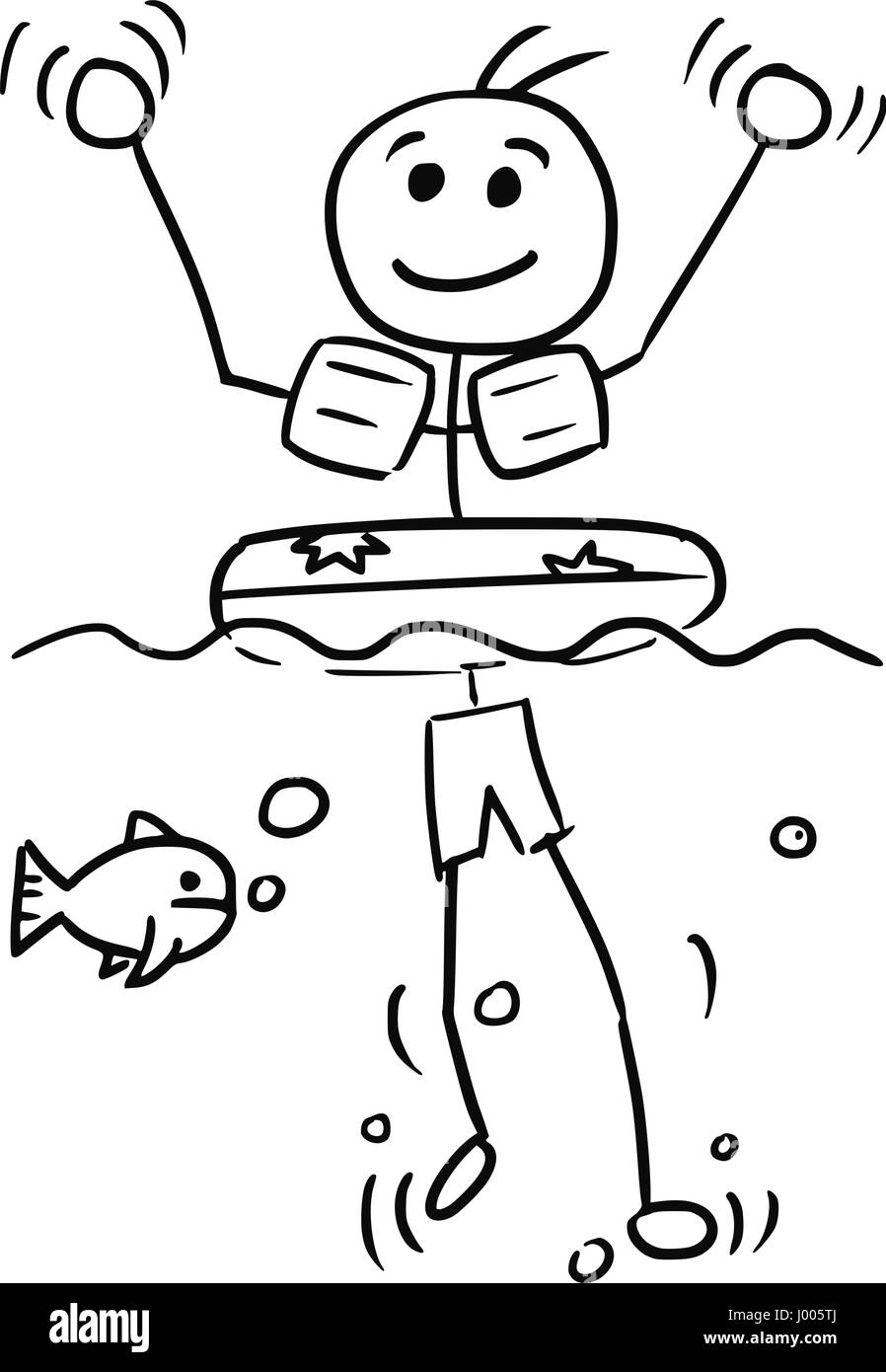 Cartoon Vector Stickman lächelnd genießen entspannen, Schwimmen mit aufblasbarer Schwimmring und seinen Händen winken Stock Vektor