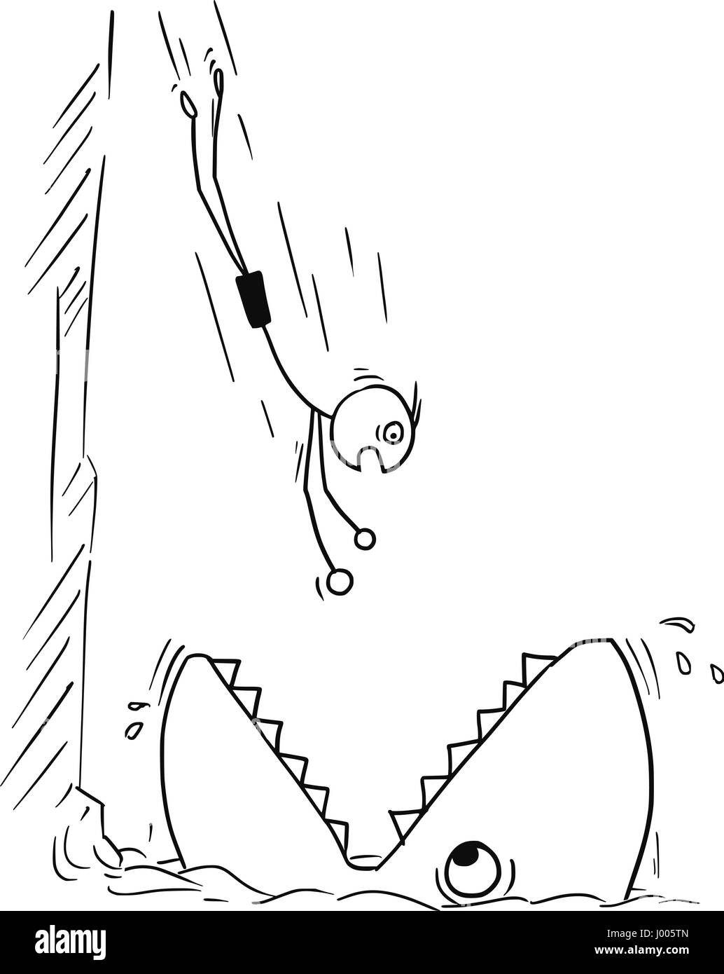 Cartoon Vector Stickman Mann von hohen Felsen ins Wasser springen, aber stattdessen in großen Fisch oder Hai Mund springen Stock Vektor
