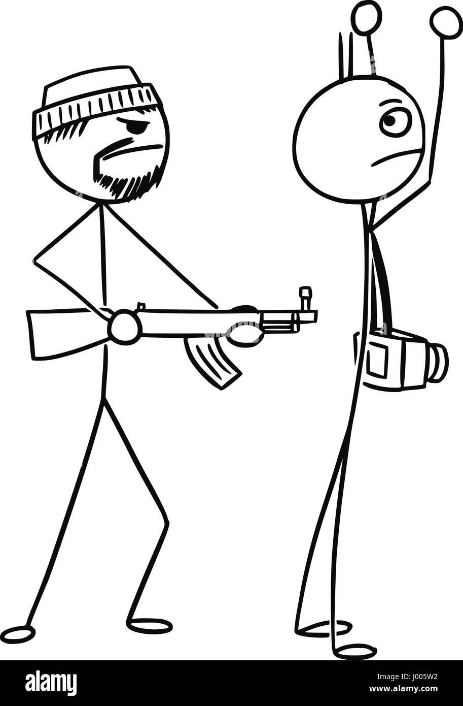 Cartoon Vector Stickman Tourist Mit Kamera Ist Entfuhrt Oder Von Ak Bewaffnete Und Handchen Haltend Angegriffen Stock Vektorgrafik Alamy