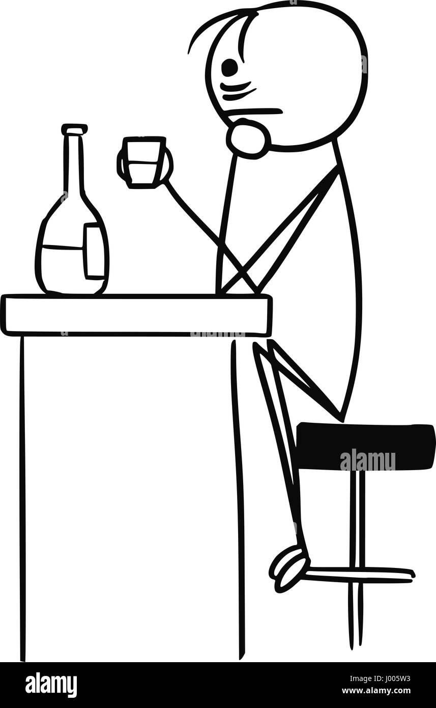 Cartoon Vector Mann traurige Strichmännchen in Depression ist trinken sitzen in der Bar allein mit halb leere Flasche Stock Vektor