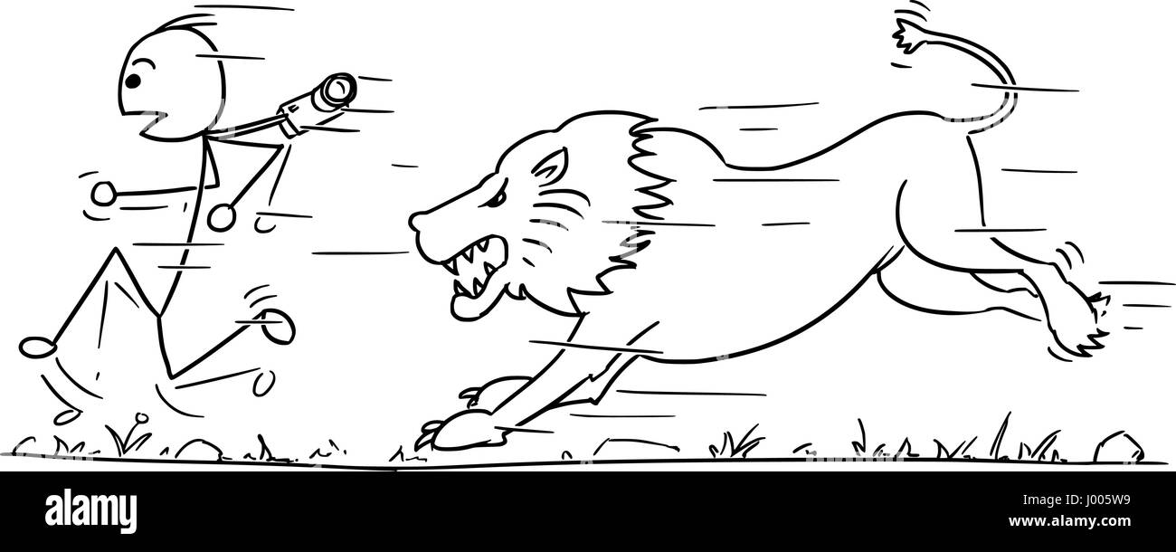 Cartoon Vektor Stick Mann männliche Touristen wird vom männlichen Löwen verfolgt ihn ausgeführt. Stock Vektor