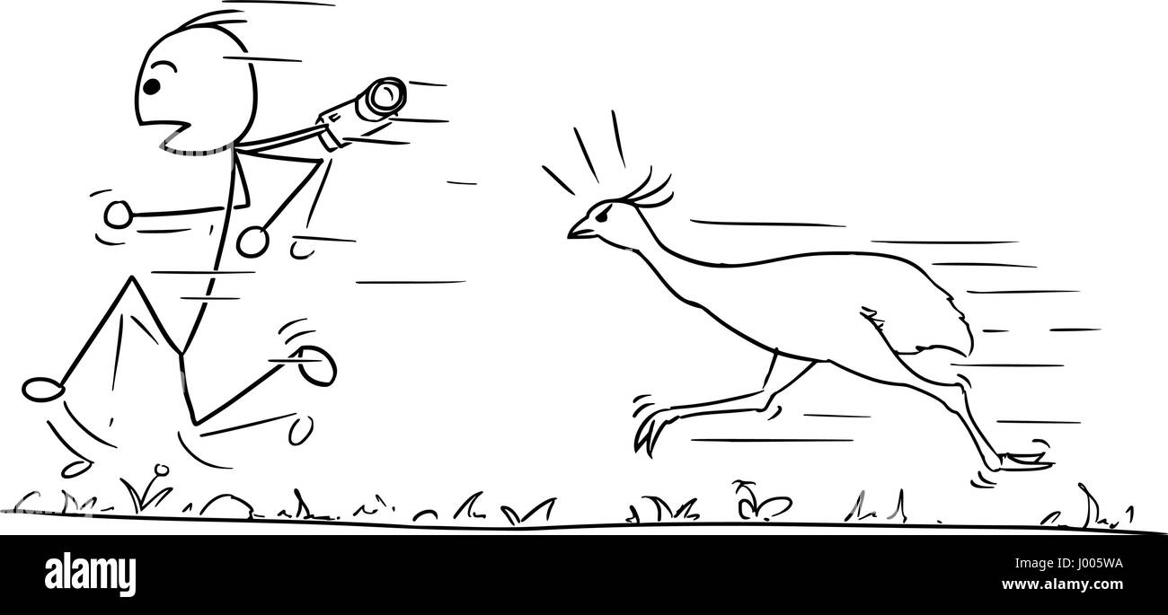 Cartoon Vector Stickman Mann läuft Weg, schnell von wütenden Strauß Vogel gejagt Stock Vektor