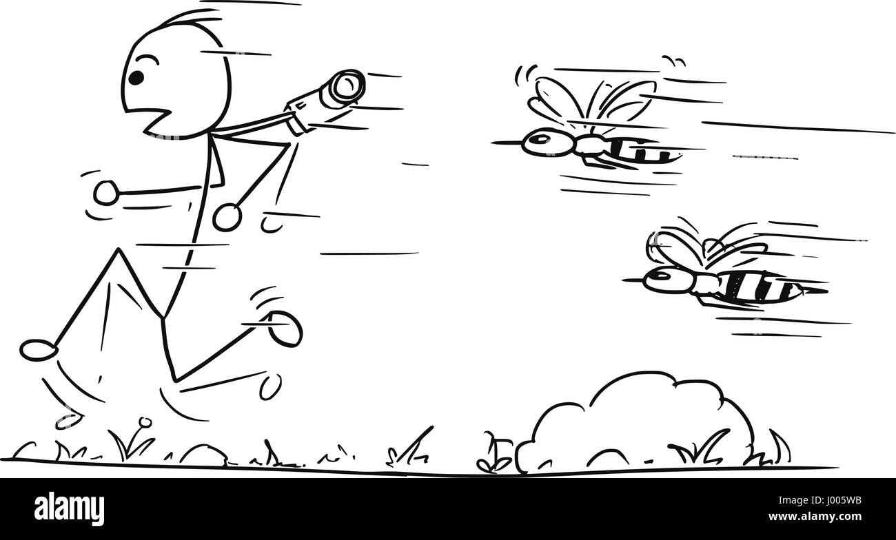 Cartoon Vector Stickman männlichen Touristen wird von zwei großen riesigen wütenden Wespen oder Bienen gejagt. Stock Vektor