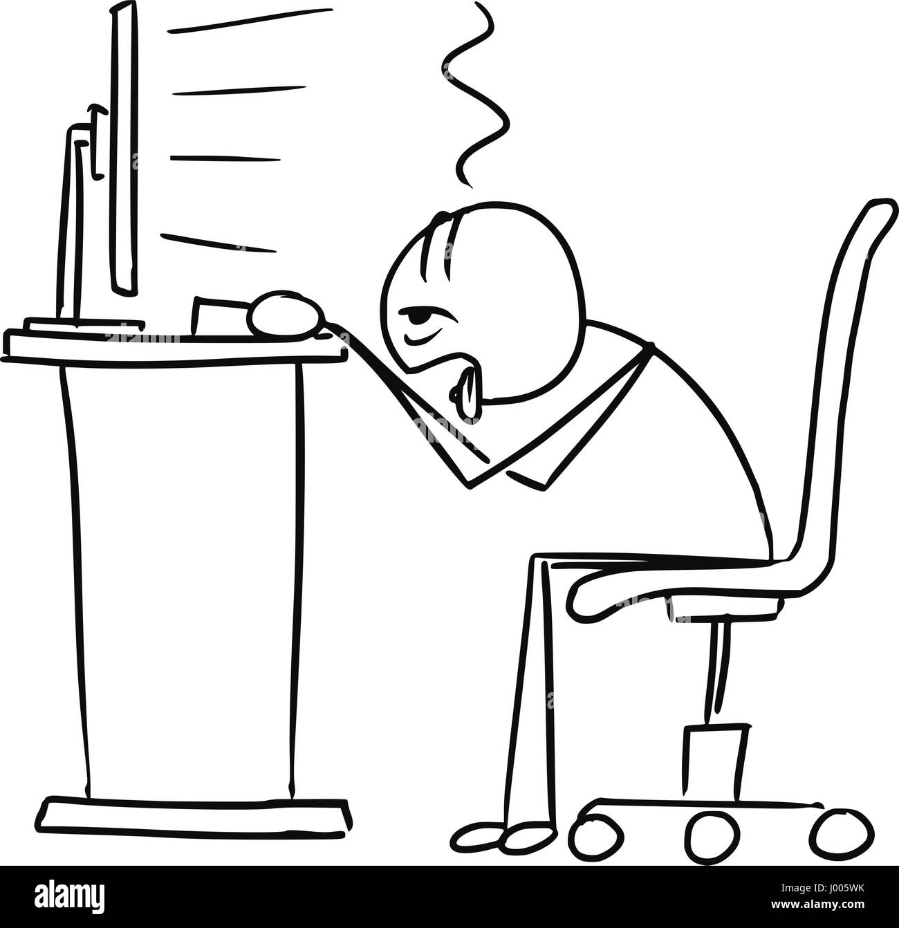 Cartoon Vector Doodle Stick Mann Büroangestellte arbeitet auf dem Computer tödliche müde und überarbeitet Stock Vektor