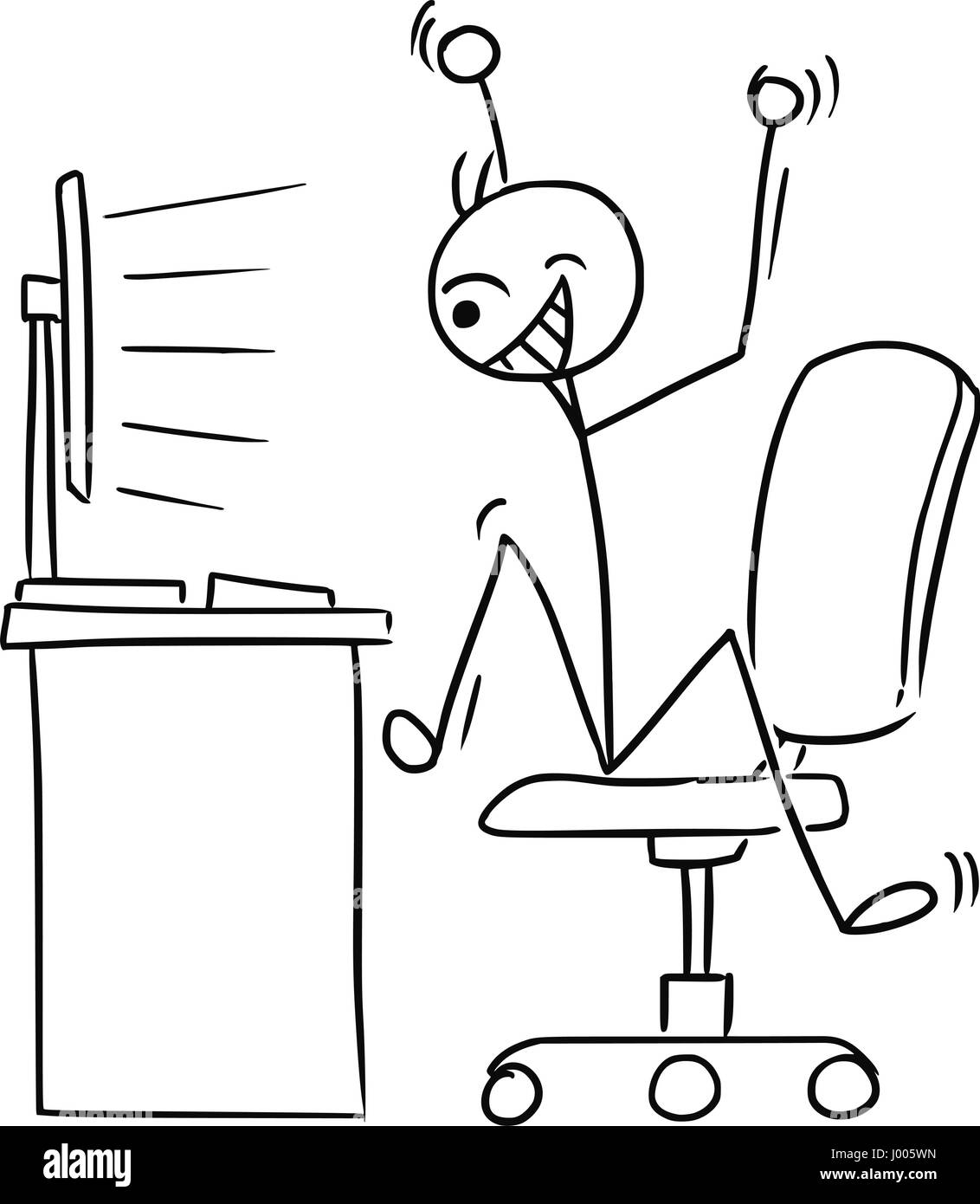 Cartoon Vector Doodle Stick Mann Büroangestellter schaut den Computer-Bildschirm und springen zufrieden mit Arme nach oben einige Erfolge feiern Stock Vektor