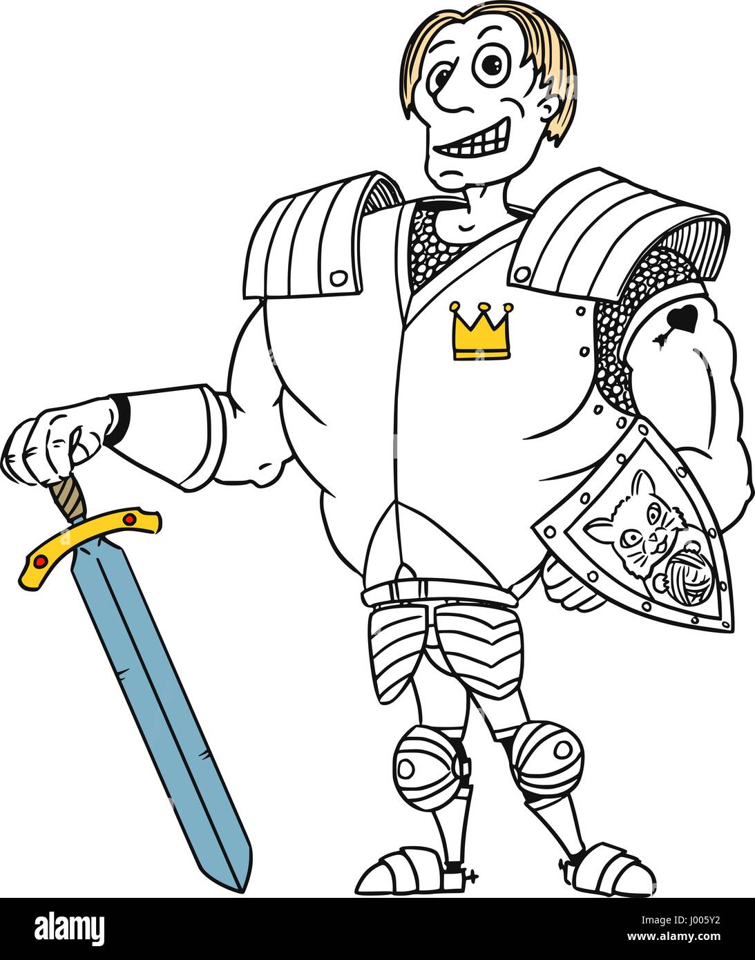 Cartoon Vektor alten Fantasy mittelalterliche königliche Prinz Charming Ritter-Helden mit Rüstung, Schwert, Schild und Lächeln Stock Vektor