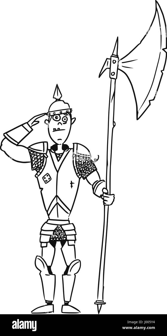 Cartoon Vector Fantasie mittelalterlicher Ritter königlichen Garde Soldat mit Rüstung und Hellebarde Axt Stock Vektor