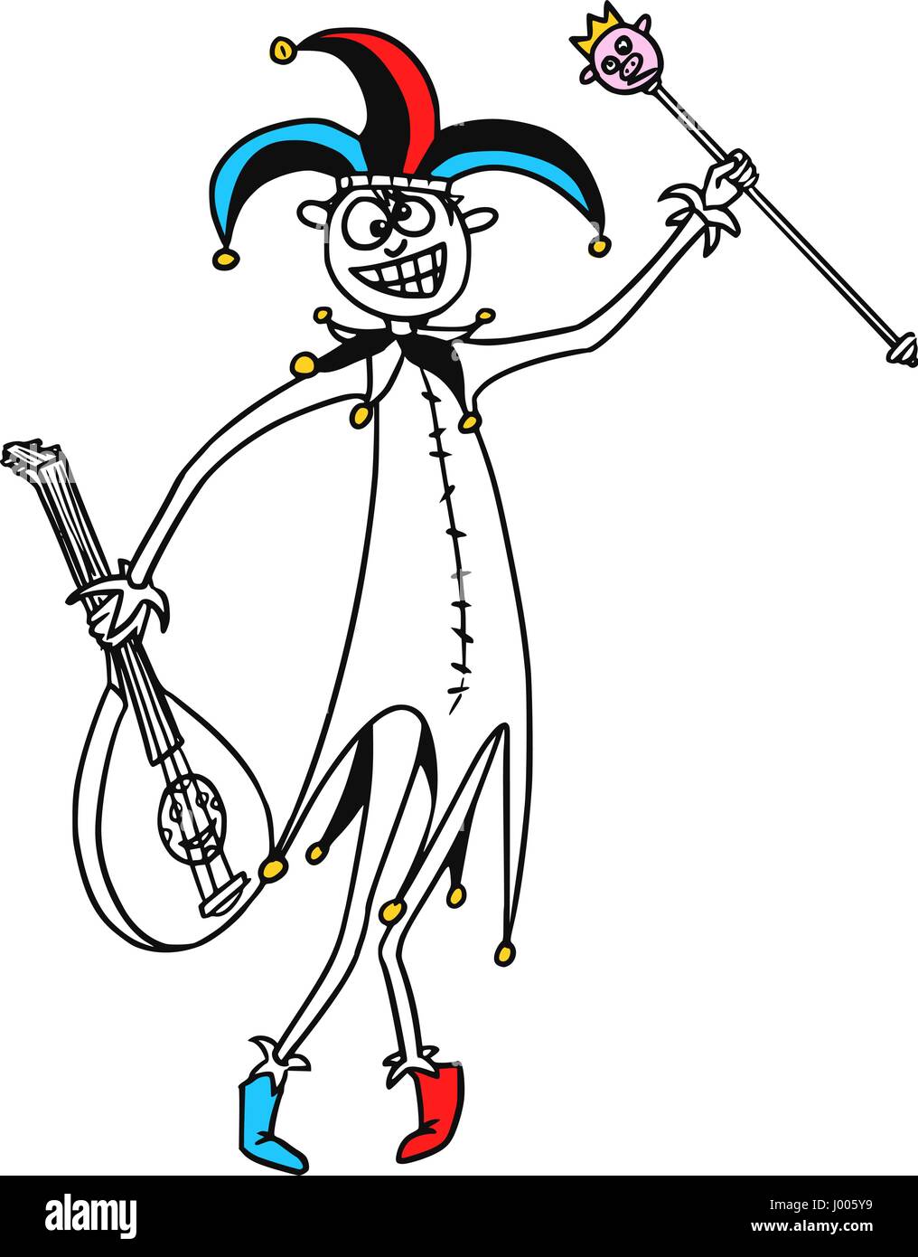 Cartoon Vektor Fantasie mittelalterlicher Narr Narr Clown Clown mit Hut, Zepter und Zither oder Gitarre Stock Vektor