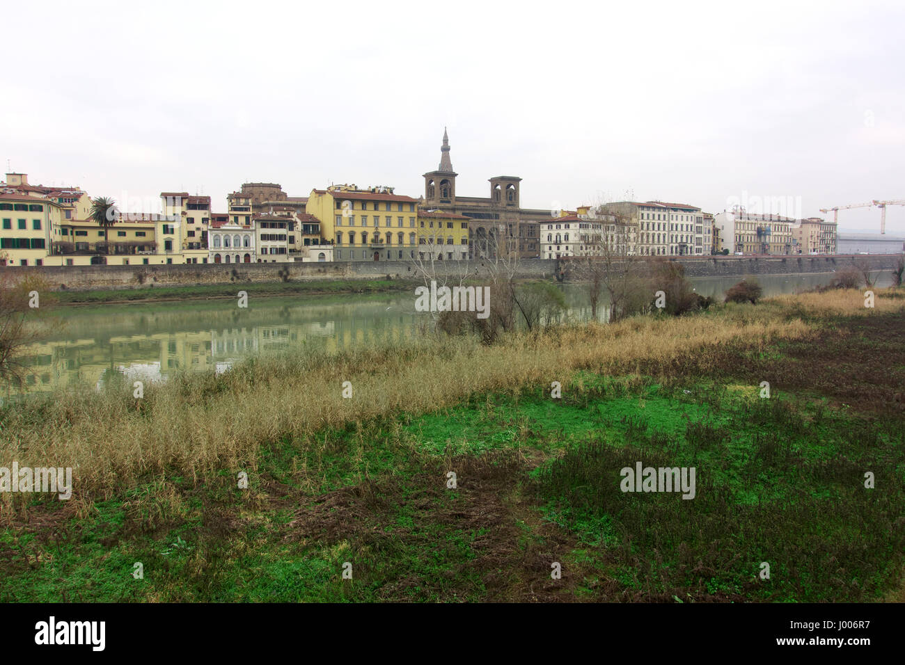 Arno Fluss Winter Vegetation und historischen Gebäuden - Arno Flußdamm, Florenz (Firenze), Toskana, Italien, Europa Stockfoto