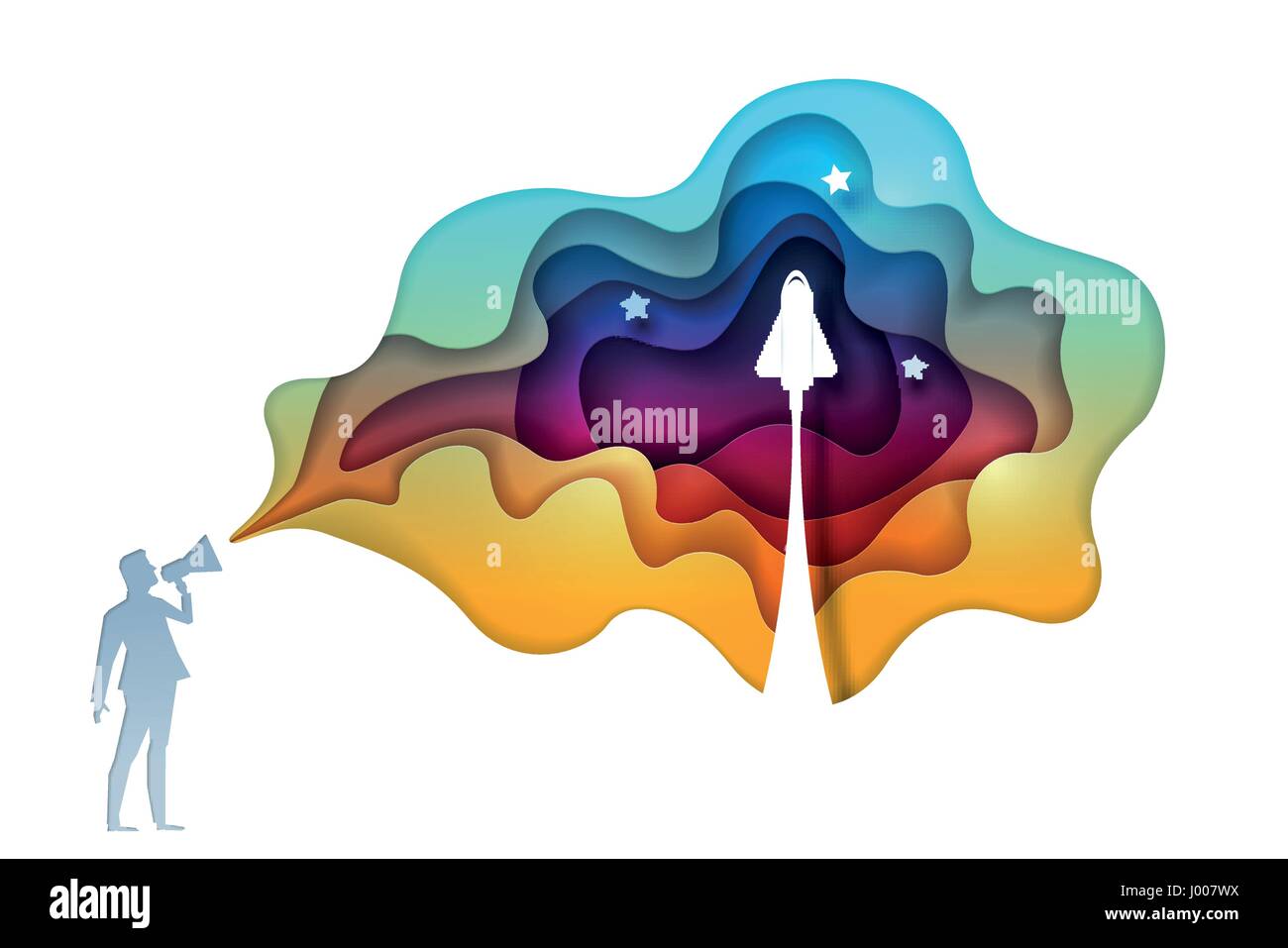 Business Konzept Abbildung. Geschäftsmann angekündigt startet Projekt Symbol Rakete starten. Papier-Kunst-Stil-Vektor-Illustration. Elemente sind la Stock Vektor