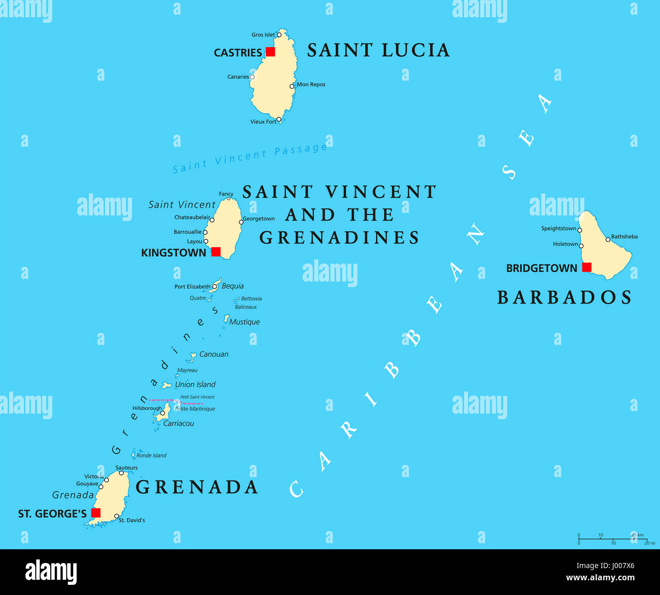 Barbados, Grenada, St. Lucia, St. Vincent und die Grenadinen politische Karte. Inselstaaten in der Karibik, Teil der kleinen Antillen. Stockfoto