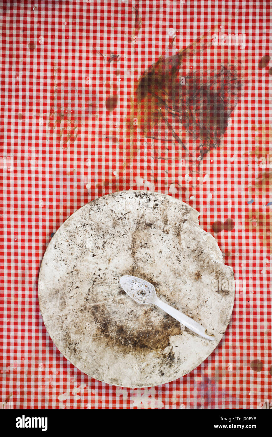 Sehr schmutzige alte Teller und Löffel auf ein Rot kariertes schmutzige Tischdecke Stockfoto