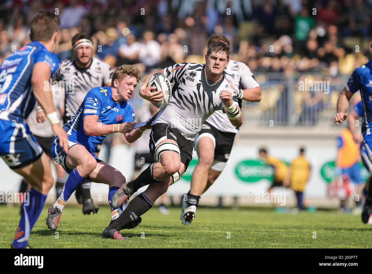 Parma,Italy.08th April 2017. Die ZEBRE Flanker Johan Meyer trägt den Ball in der Nähe der Drachen versuchen Linie in Guinness Pro12 © Massimiliano Carnabuci/Alamy Nachrichten Stockfoto