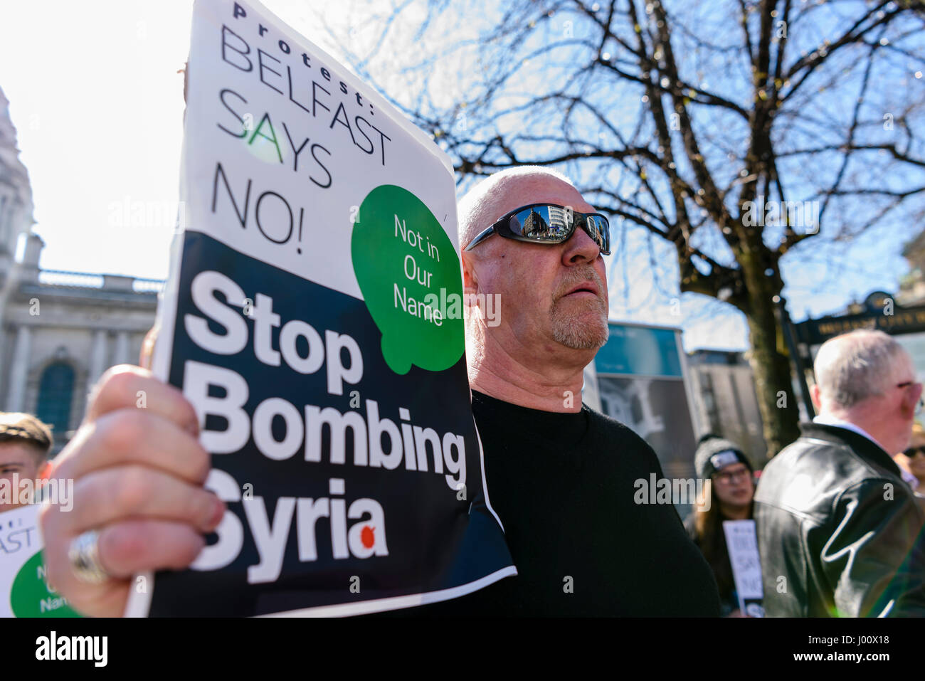 Belfast, Nordirland. 08 Apr 2017 - gegen den syrischen Bombardierungen Protest von Donald Trump, Belfast Stockfoto