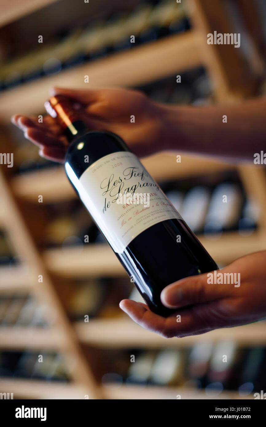 Hände halten Sie eine Flasche Wein, Wineshop, Karlsbad, Tschechische Republik Stockfoto