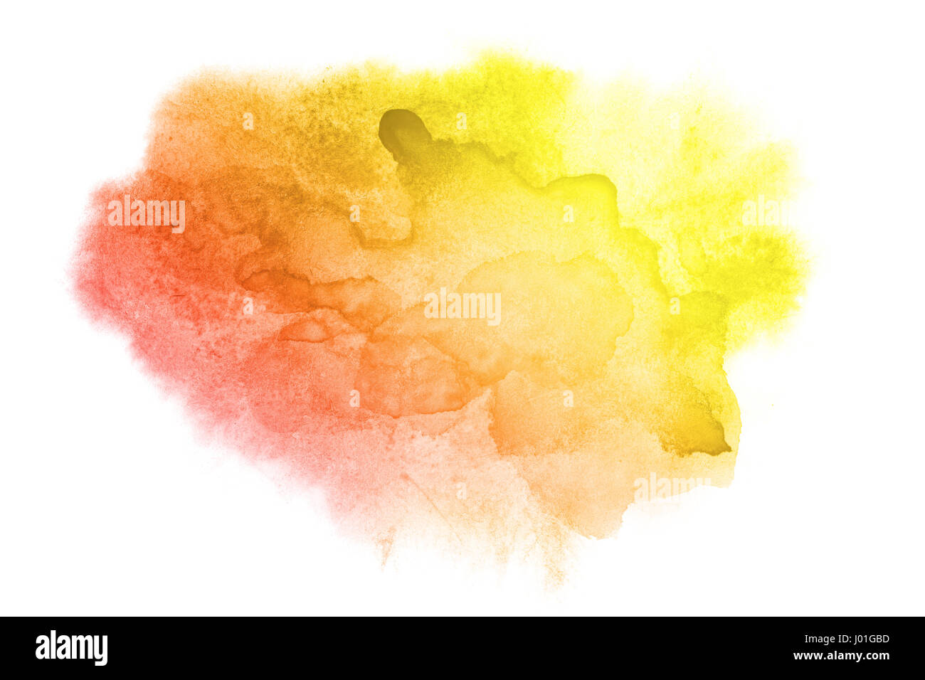 Gelb-rote Farbe Wasserfleck auf dem weißen Hintergrund isoliert. Lebendige Aquarell Element für Ihr design Stockfoto