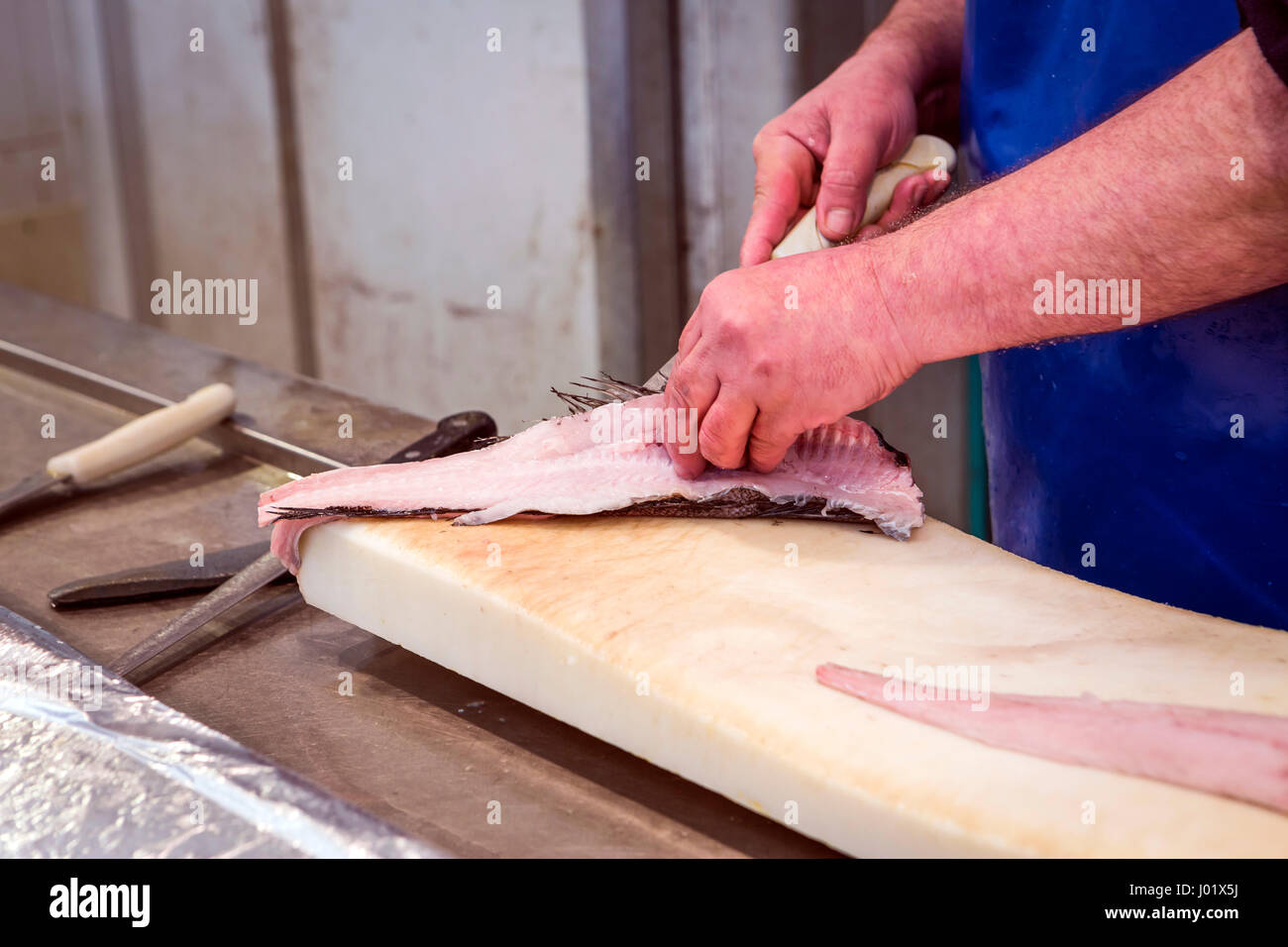 Fischverkäufer kurz mit einem dünnen Messer auf dem Markt von Cádiz, Andalusien, Spanien Stockfoto