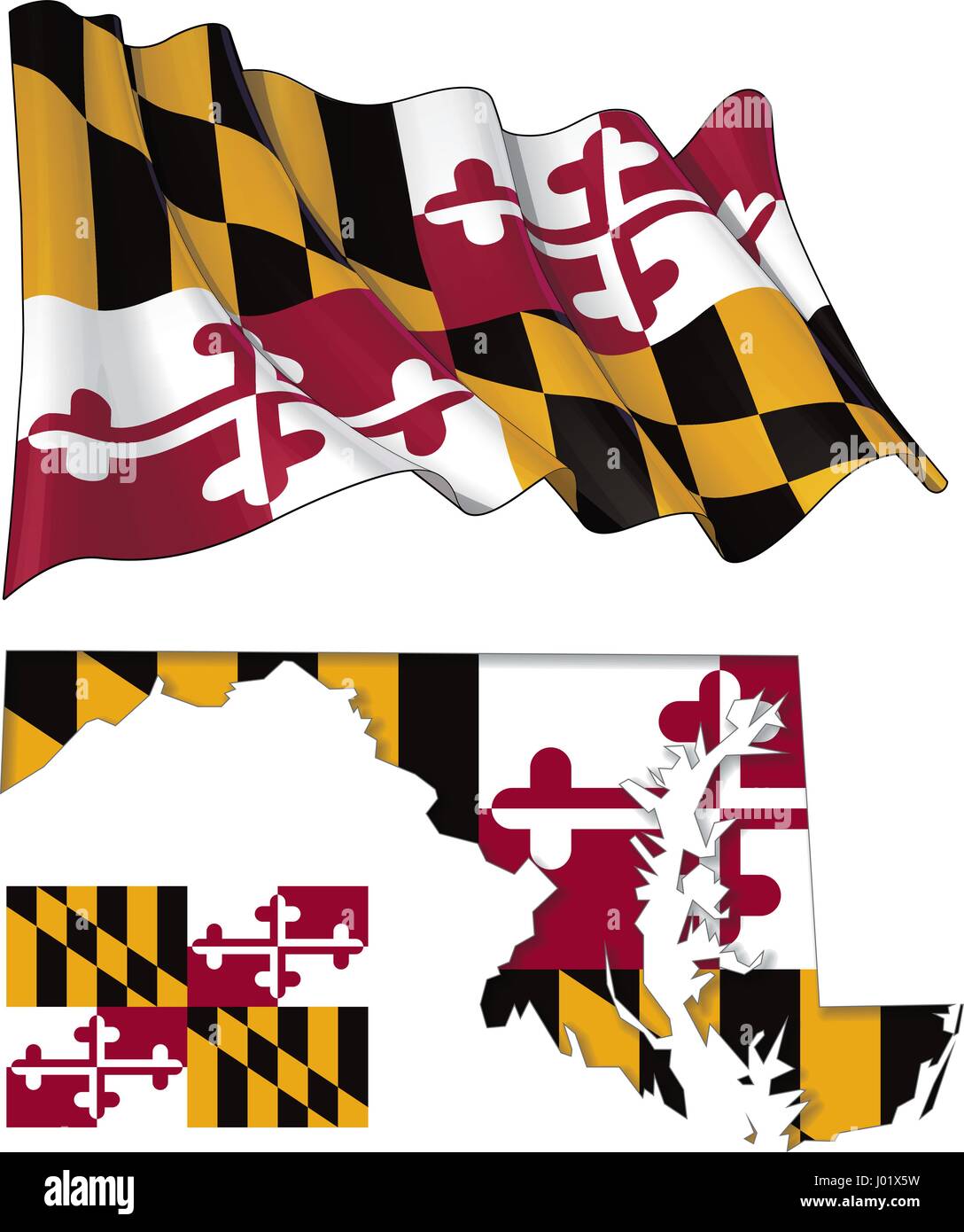 Vektor-Illustrationen der Flagge Marylands, winken und flach, und die Karte mit der Flagge eingefügt und Schatten nach innen. Alle Elemente ordentlich auf gut beschrieben Schicht Stock Vektor