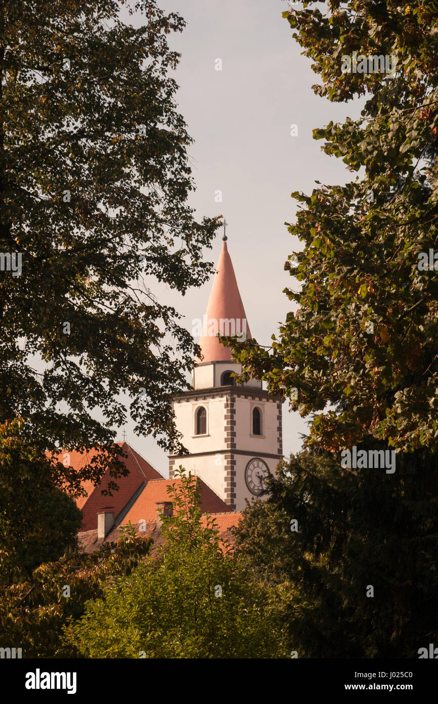 Kirchturm im Hintergrund mit Bäumen vor dem Bild. Bild aufgenommen in Varaždin, Kroatien. Stockfoto
