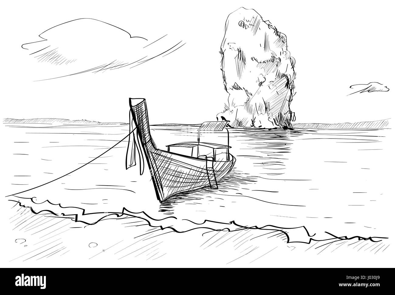 Thailand-Landschaft, Rock, Longtail Boot Seascape Hand gezeichnet Stock Vektor