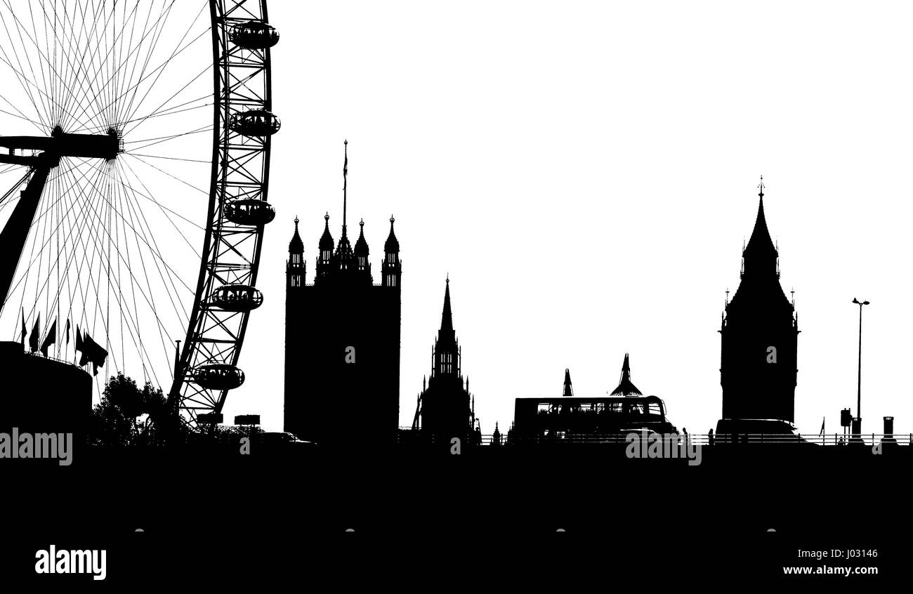 London, England, Vereinigtes Königreich. Millennium Wheel / London Eye und den Houses of Parliament. Doppeldecker bus über Waterloo Brücke. Digitalen silhouette Stockfoto