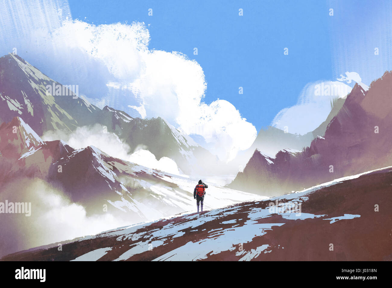 Landschaft der Wanderer mit Rucksack Blick auf Berge, Illustration, Malerei Stockfoto