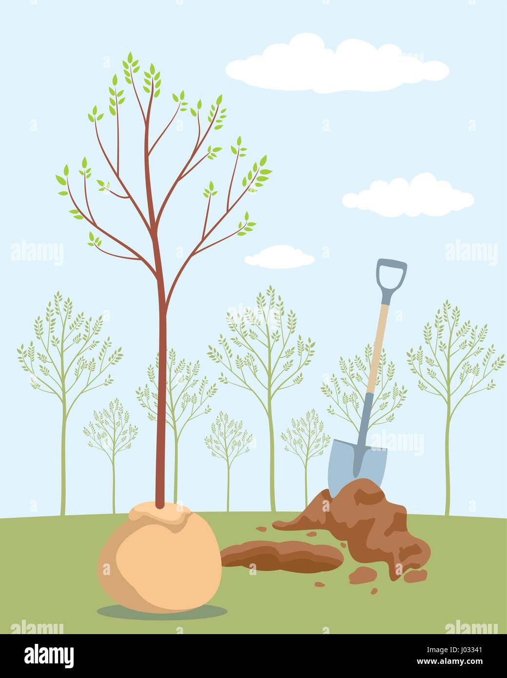 Obstbaum Aussaat. Bäumchen Baum zu Pflanzen. Tag der Bäume des Waldes zu retten. Obstgarten Einpflanzen. Vektor-illustration Stock Vektor