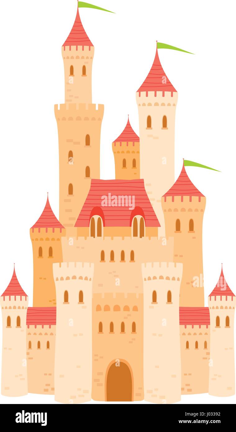 Mittelalterliche Cartoon Schloss mit orangefarbenen Wänden und Türmen auf weißem Hintergrund. Flache Vektor-illustration Stock Vektor