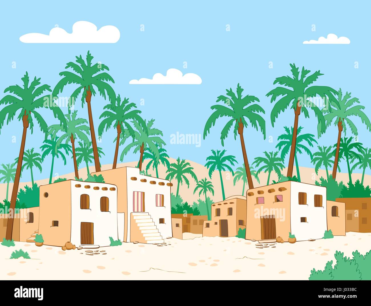 Dorf mit Palme in Oase der Wüste. Vektor-illustration Stock Vektor