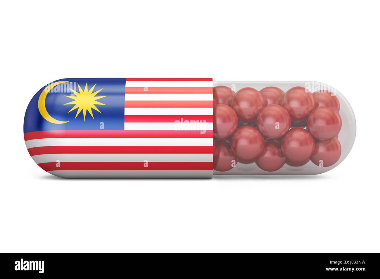 Pille-Kapsel mit Malaysia Flagge. Malaysische Gesundheitswesen Konzept, 3D rendering Stockfoto