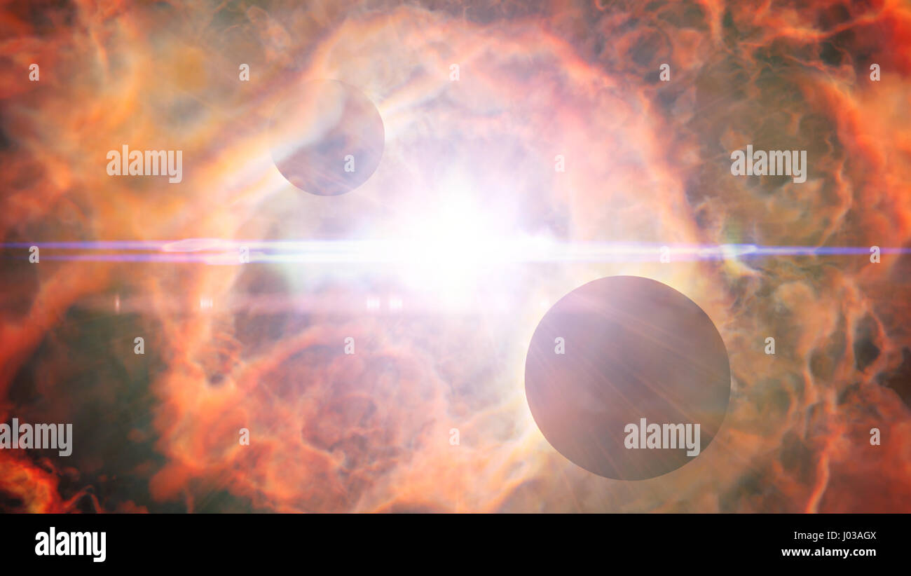zwei Planeten umkreisen einen hellen Stern in einem schönen lebendigen Nebel Stockfoto