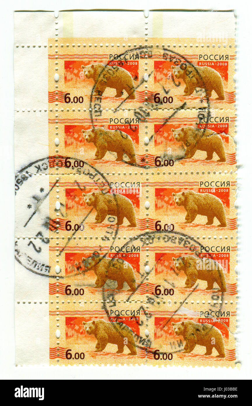 GOMEL, WEIßRUSSLAND, 5. APRIL 2017. Briefmarke gedruckt in Russland zeigt Bild von The Bears sind Carnivoran Säugetiere der Familie Ursidae, circa 2008. Stockfoto