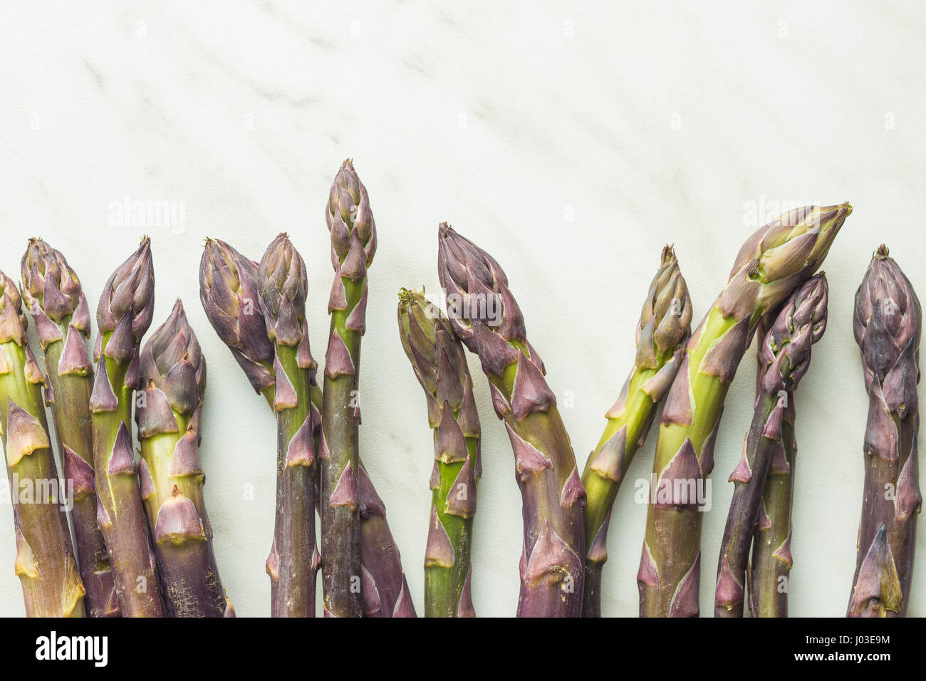 Frischen violetten Spargel am Küchentisch. Stockfoto