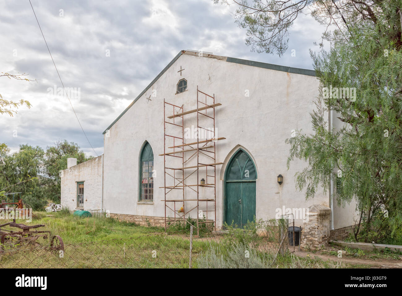 Alte Halle von der Dutch Reformed Church in Nieu-Bethesda, ein historisches Dorf in der Provinz Eastern Cape Stockfoto