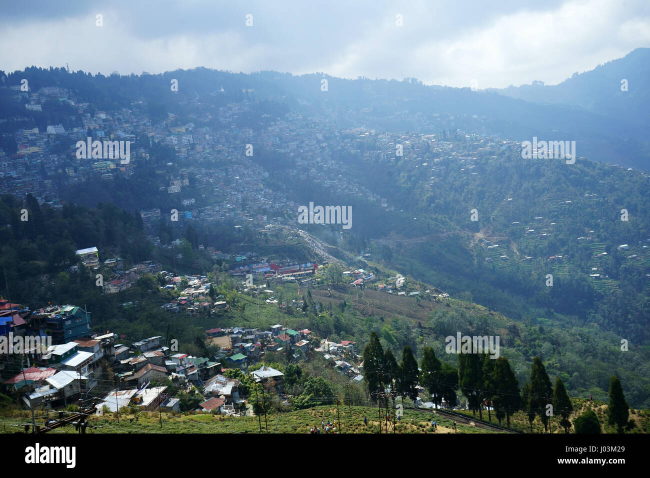 Stadt Darjeeling auf Hügel mit Teeplantagen, West-Bengalen. Indien Stockfoto